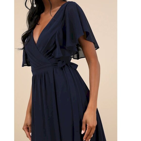 Lulus Convincing Grace Navy Blue Flutter Sleeve Wrap Maxi Dress Size Small NWOT - Picture 4 of 6